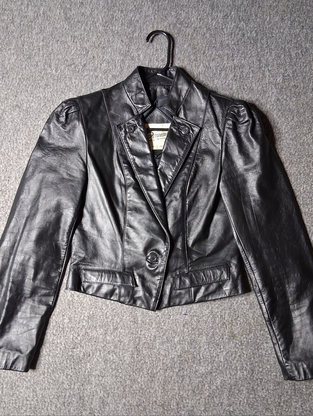Bermans Vintage Jacket Womens Size 6 Black Cropped Leather Peplum Puff Sleeve
